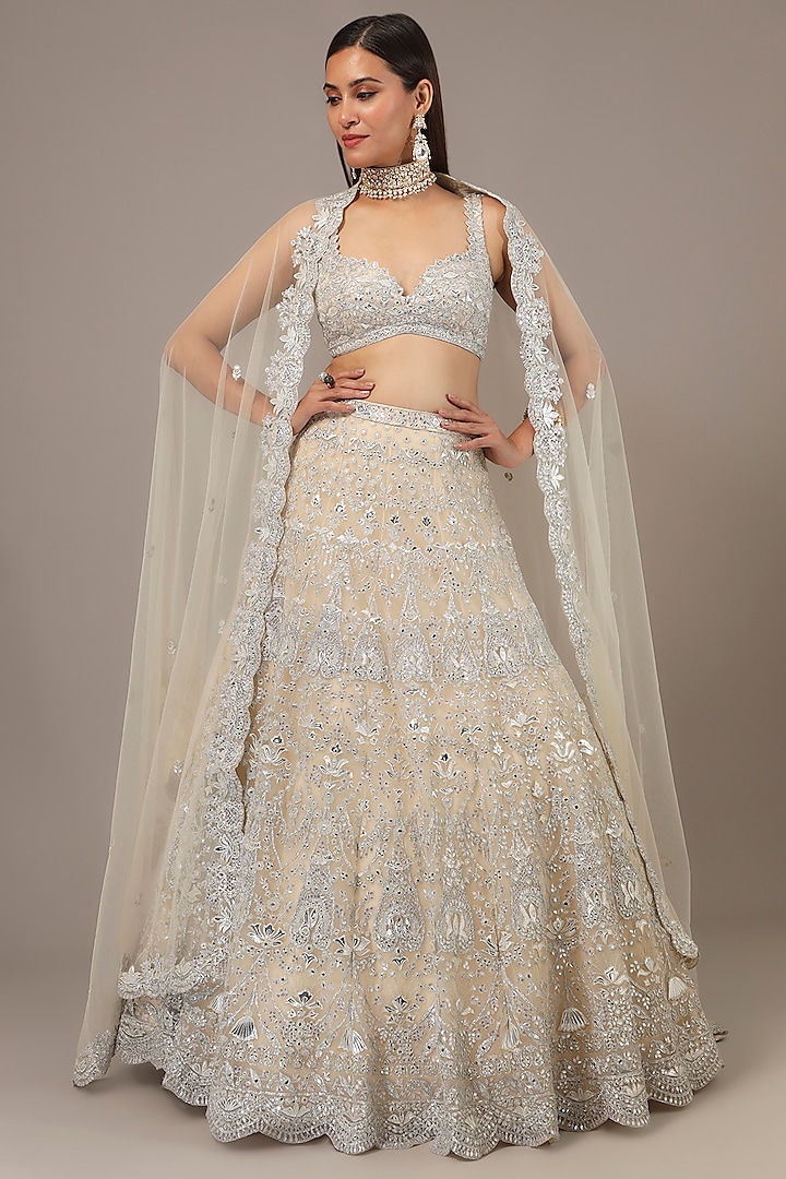 Ivory Net Mirror Embroidered Scalloped Bridal Lehenga Set by Aneesh Agarwaal at Pernia's Pop Up Shop
