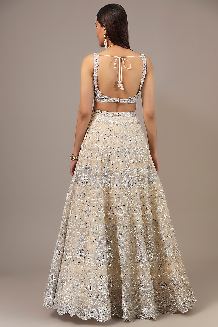 Ivory Net Mirror Embroidered Scalloped Bridal Lehenga Set by Aneesh Agarwaal at Pernia's Pop Up Shop