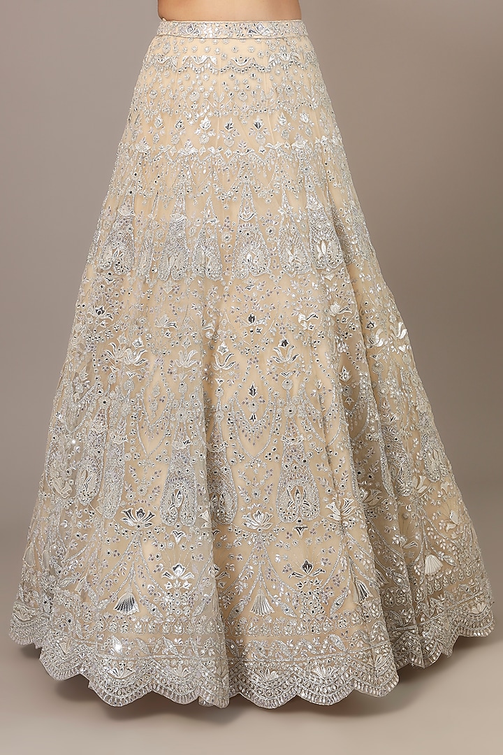 Ivory Net Mirror Embroidered Scalloped Bridal Lehenga Set by Aneesh Agarwaal at Pernia's Pop Up Shop