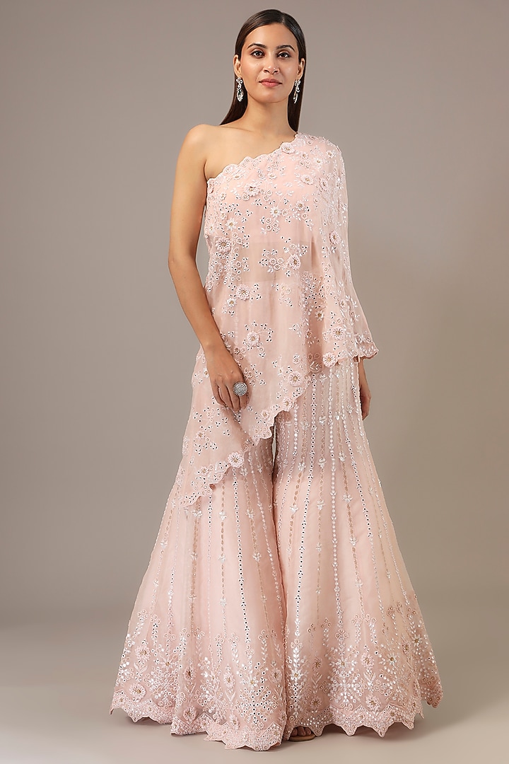 Blush Pink Organza 3D Floral & Sequins Embroidered Bridal Sharara Set by Aneesh Agarwaal at Pernia's Pop Up Shop