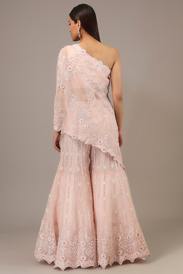 Blush Pink Organza 3D Floral & Sequins Embroidered Bridal Sharara Set by Aneesh Agarwaal at Pernia's Pop Up Shop