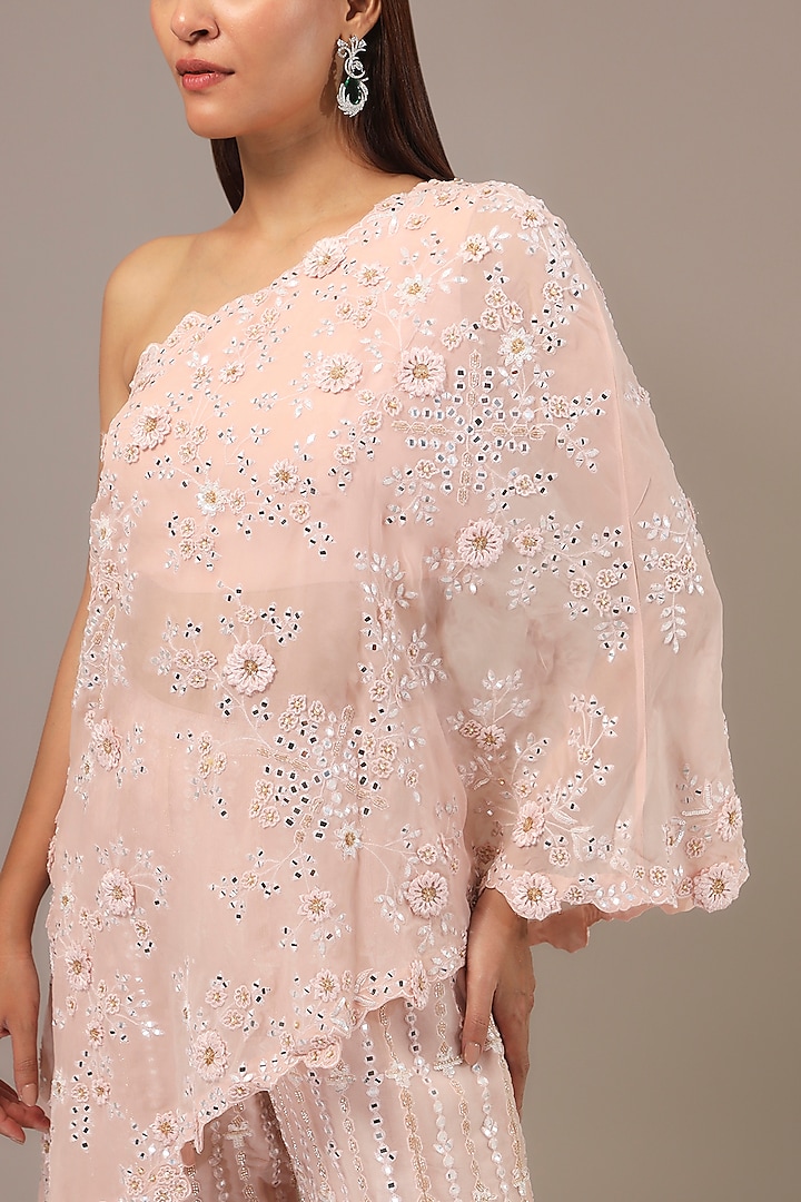 Blush Pink Organza 3D Floral & Sequins Embroidered Bridal Sharara Set by Aneesh Agarwaal at Pernia's Pop Up Shop