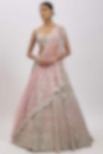 Pink Net Mirror Work Bridal Lehenga Set by Aneesh Agarwaal at Pernia's Pop Up Shop
