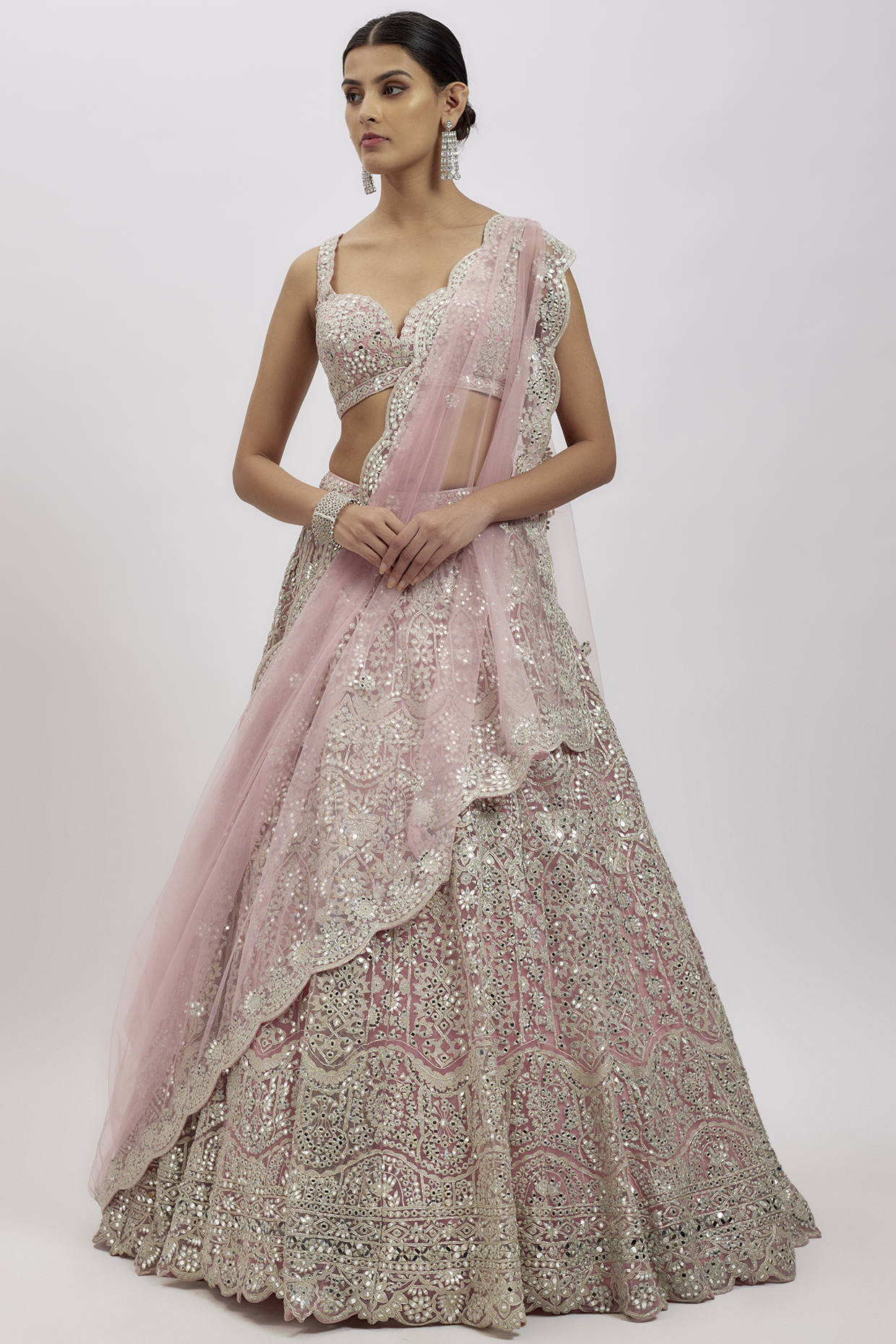 Pink Net Mirror Work Bridal Lehenga Set by Aneesh Agarwaal at Pernia's Pop Up Shop