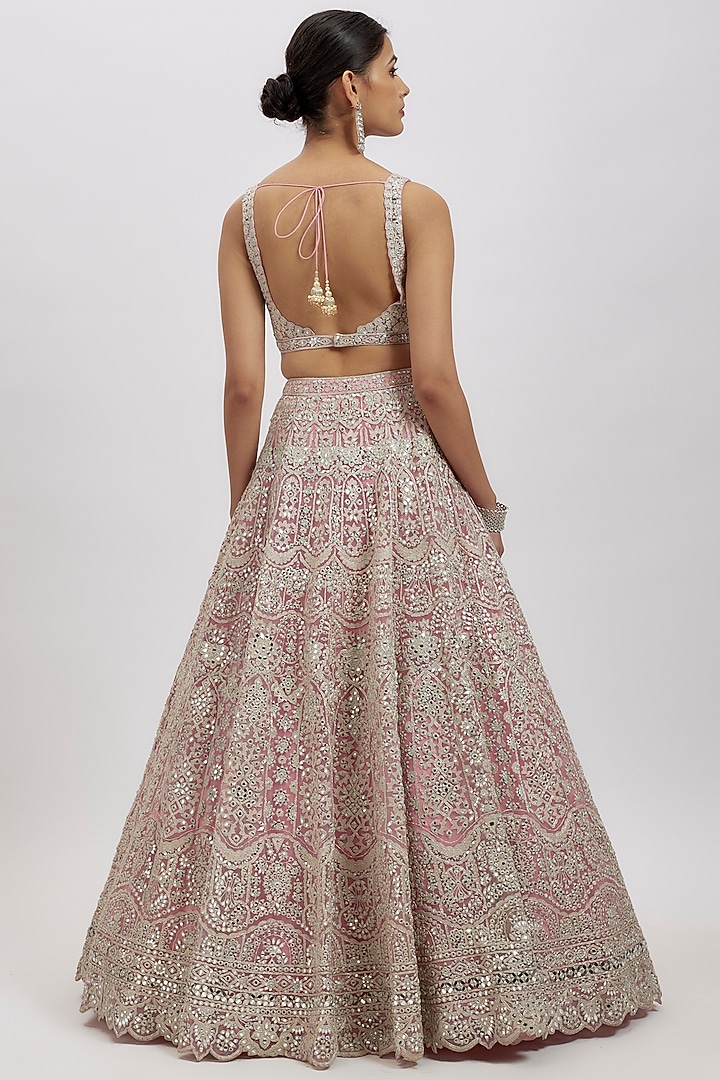 Pink Net Mirror Work Bridal Lehenga Set by Aneesh Agarwaal at Pernia's Pop Up Shop