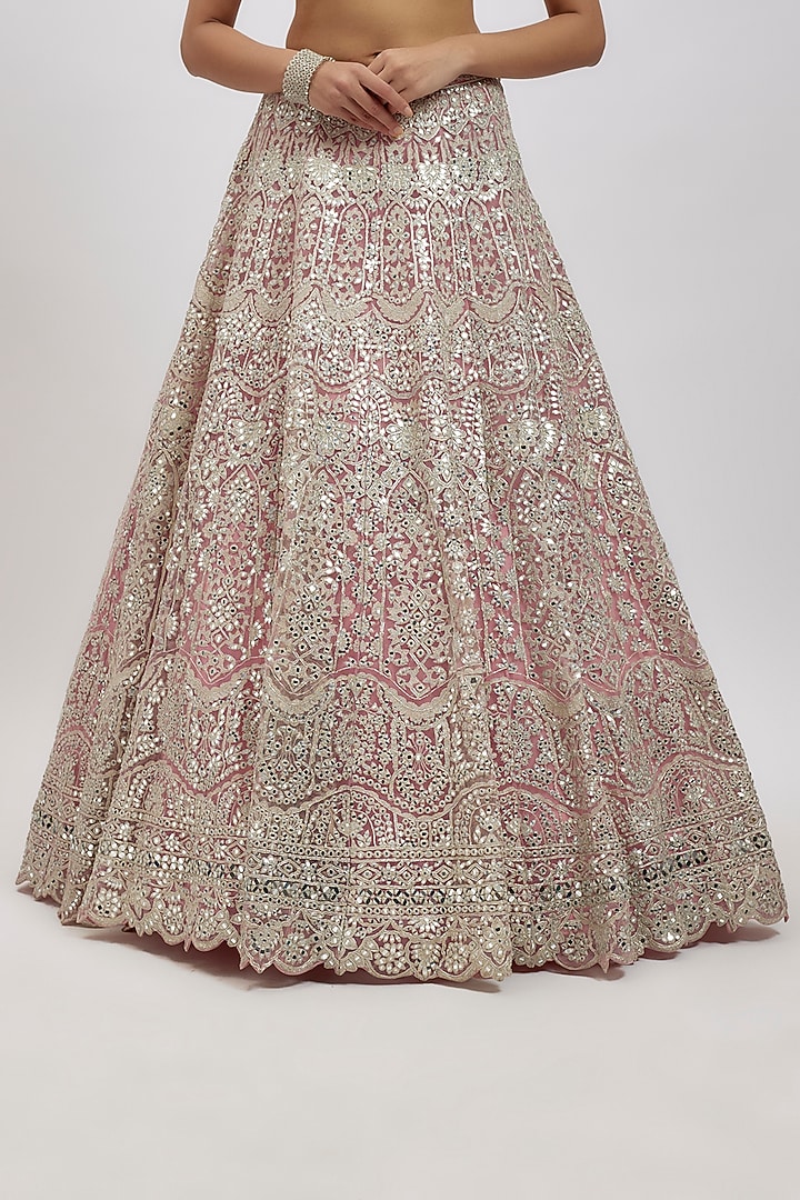Pink Net Mirror Work Bridal Lehenga Set by Aneesh Agarwaal at Pernia's Pop Up Shop