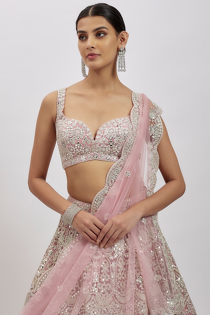 Pink Net Mirror Work Bridal Lehenga Set by Aneesh Agarwaal at Pernia's Pop Up Shop