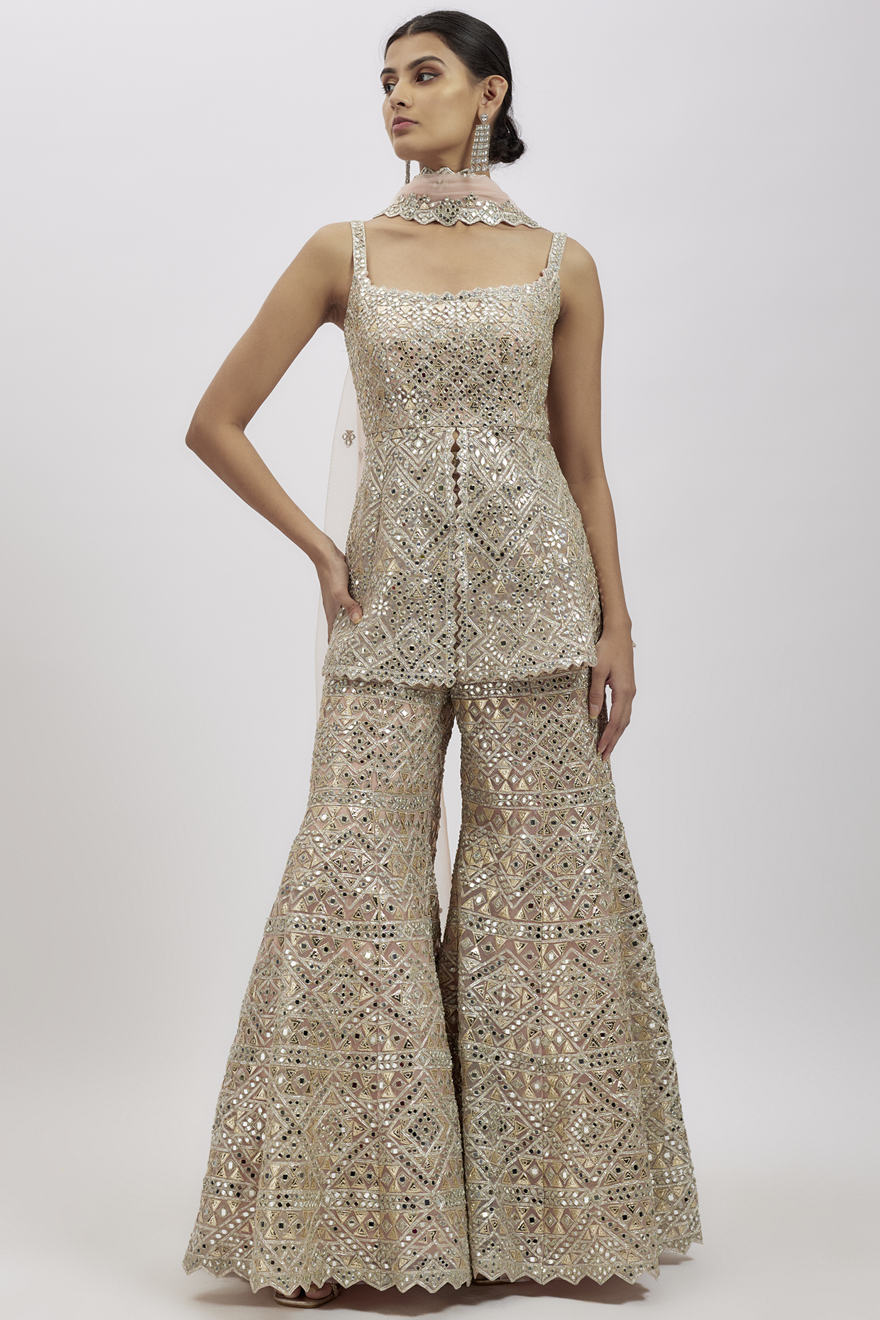 Blush Pink Net Bridal Sharara Set by Aneesh Agarwaal at Pernia's Pop Up Shop