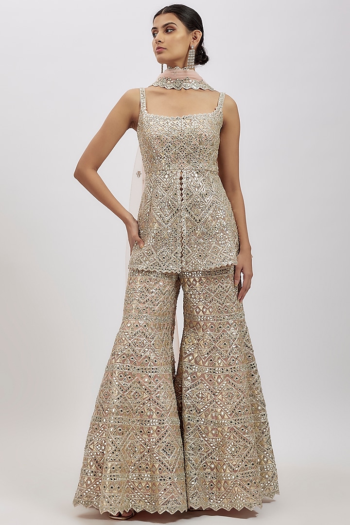Blush Pink Net Bridal Sharara Set by Aneesh Agarwaal at Pernia's Pop Up Shop
