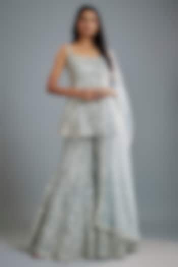 Cloud Blue Net Zari & Mirror Embroidered Bridal Sharara Set by Aneesh Agarwaal at Pernia's Pop Up Shop