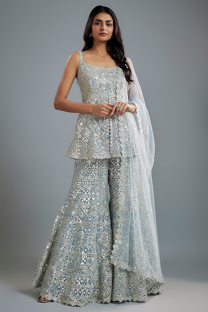 Cloud Blue Net Zari & Mirror Embroidered Bridal Sharara Set by Aneesh Agarwaal at Pernia's Pop Up Shop