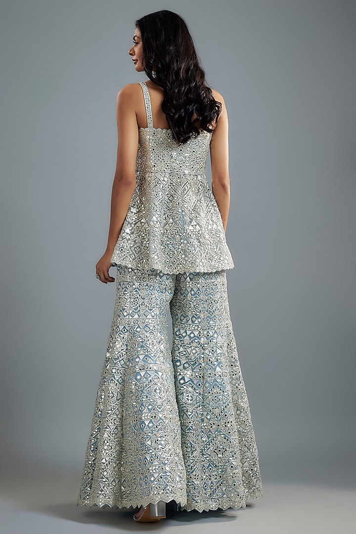 Cloud Blue Net Zari & Mirror Embroidered Bridal Sharara Set by Aneesh Agarwaal at Pernia's Pop Up Shop