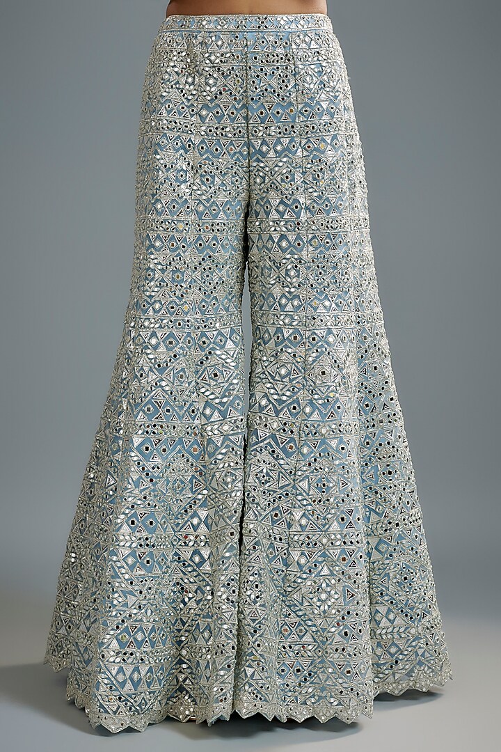Cloud Blue Net Zari & Mirror Embroidered Bridal Sharara Set by Aneesh Agarwaal at Pernia's Pop Up Shop
