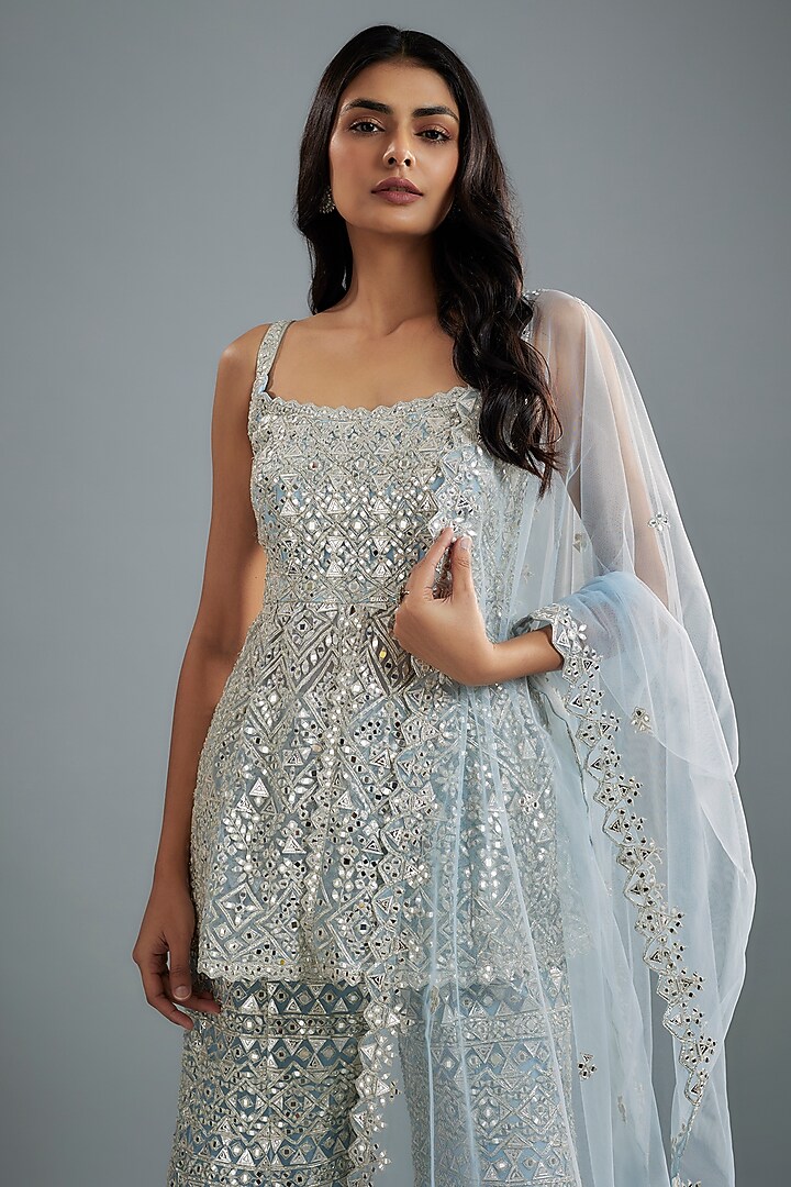 Cloud Blue Net Zari & Mirror Embroidered Bridal Sharara Set by Aneesh Agarwaal at Pernia's Pop Up Shop