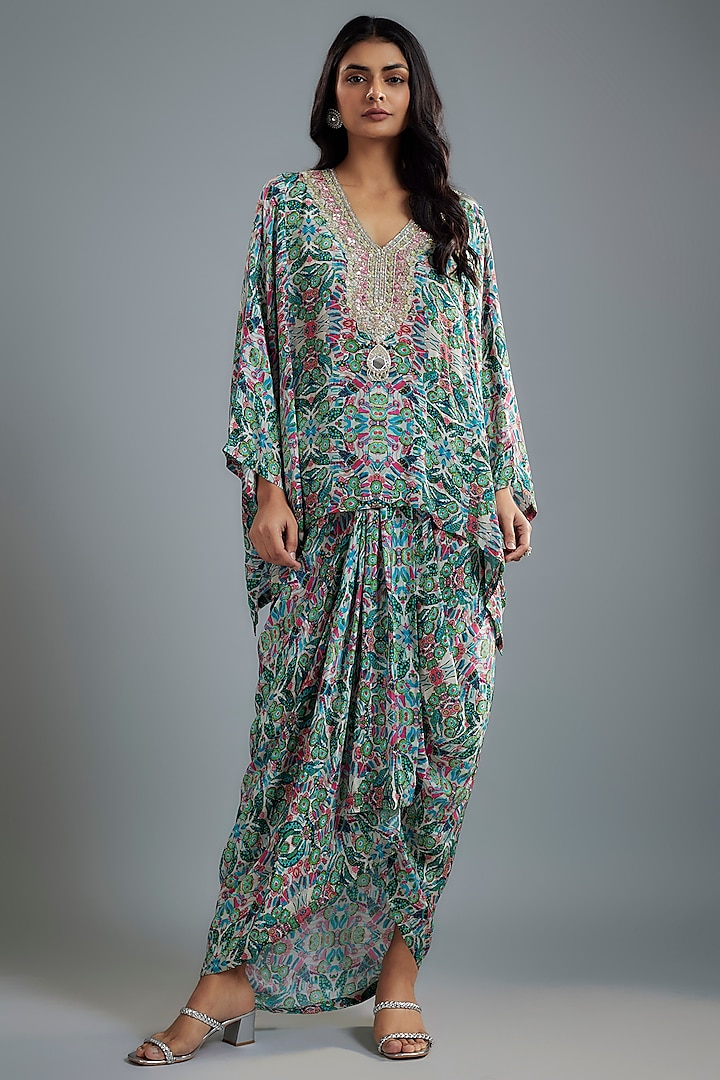 Grey & Green Crepe Floral Printed Dhoti Set by Aneesh Agarwaal PRET at Pernia's Pop Up Shop