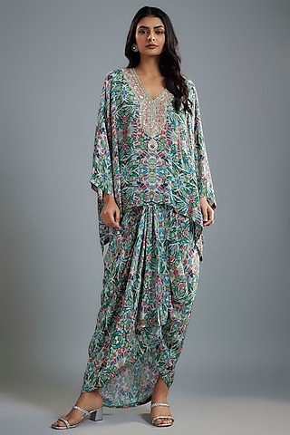 Grey & Green Crepe Floral Printed Dhoti Set by Aneesh Agarwaal PRET