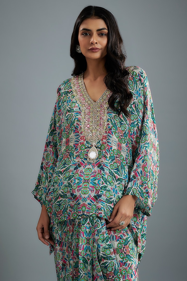 Grey & Green Crepe Floral Printed Dhoti Set by Aneesh Agarwaal PRET at Pernia's Pop Up Shop