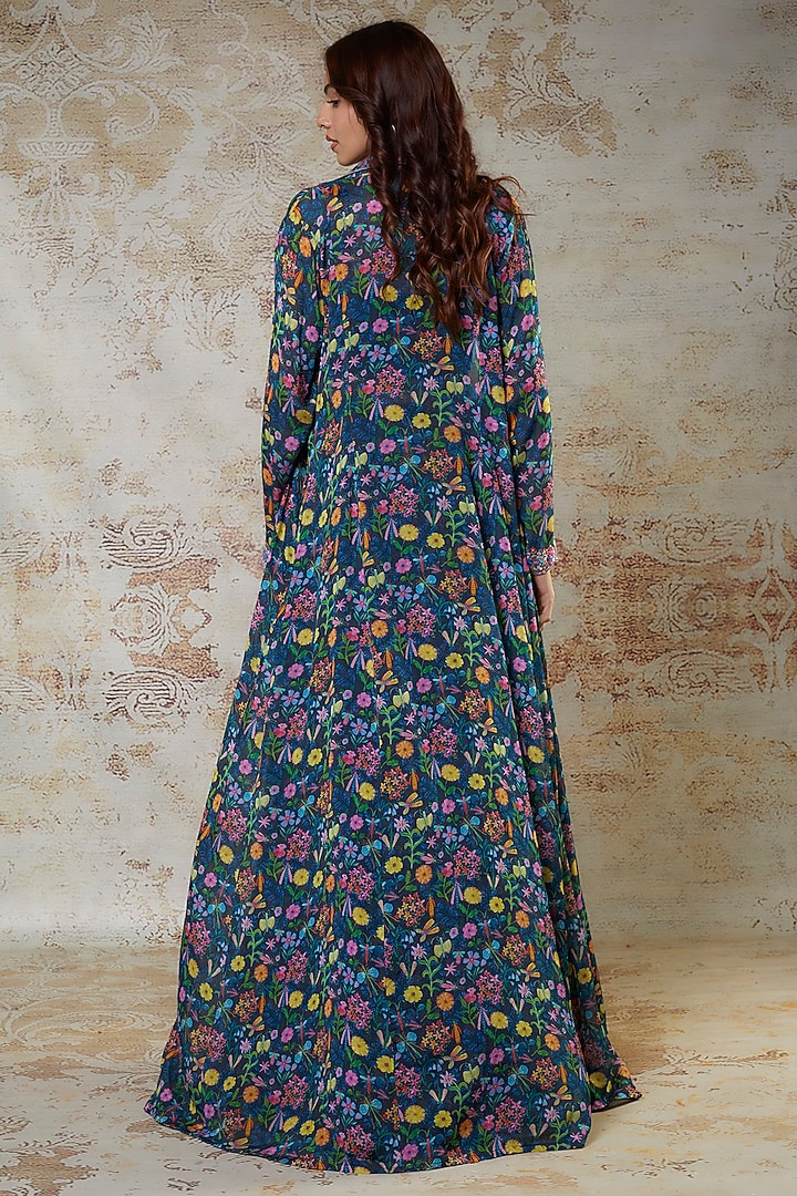 Navy Blue Chinon Chiffon Thread Embroidered Jacket Set by Aneesh Agarwaal PRET at Pernia's Pop Up Shop