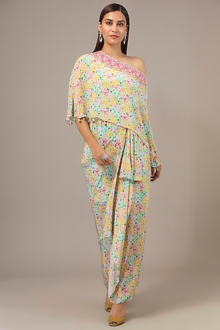 Aqua Crepe Cutdana & Bead Embroidered One-Shoulder Dress by Aneesh Agarwaal PRET