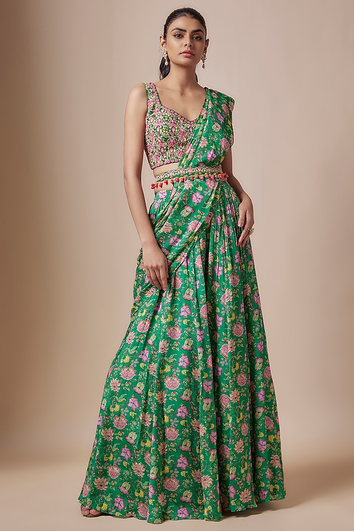 Emerald Crepe Floral Printed Pre-Stitched Sharara Saree Set by Aneesh Agarwaal PRET