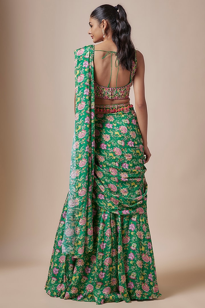 Emerald Crepe Floral Printed Pre-Stitched Sharara Wedding Saree Set by Aneesh Agarwaal PRET at Pernia's Pop Up Shop
