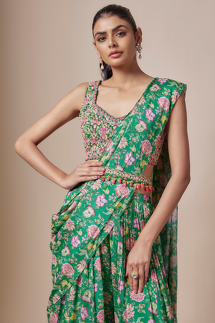 Emerald Crepe Floral Printed Pre-Stitched Sharara Wedding Saree Set by Aneesh Agarwaal PRET at Pernia's Pop Up Shop