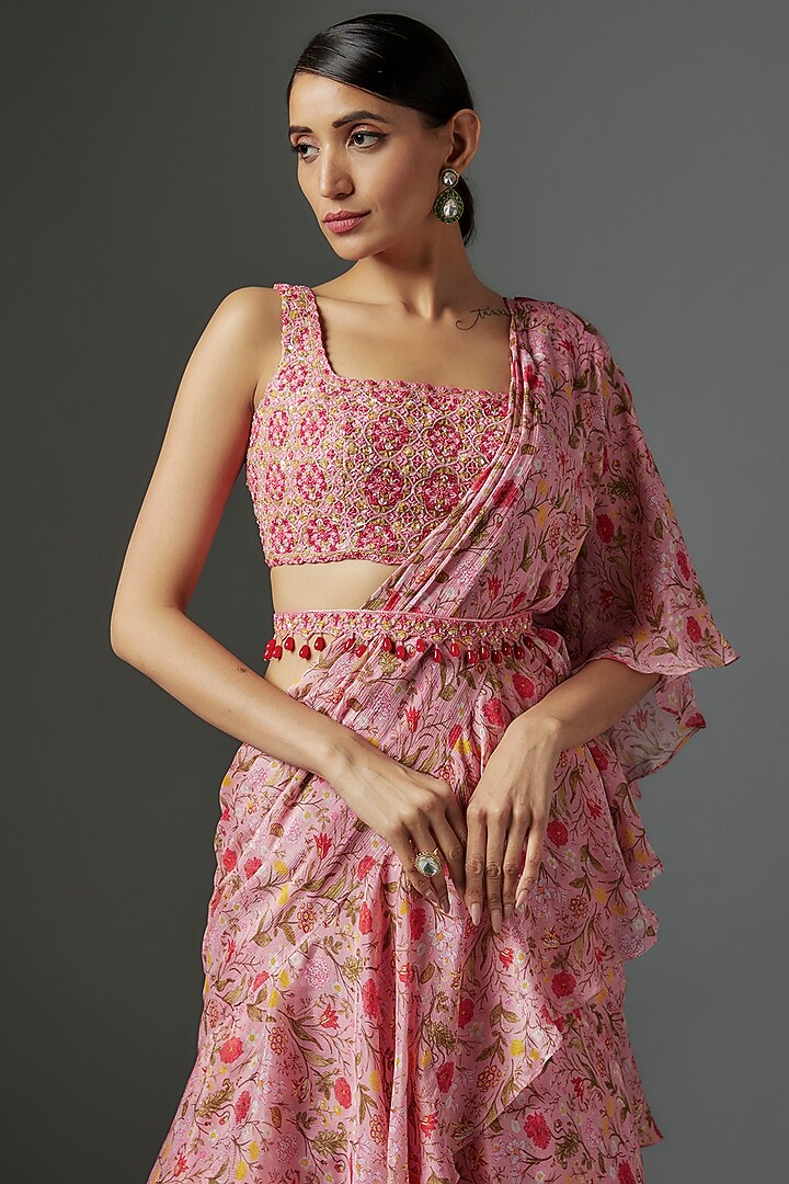 Onion Pink Chinon Chiffon Chintz Printed Ruffled Pre-Draped Wedding Saree Set by Aneesh Agarwaal PRET at Pernia's Pop Up Shop