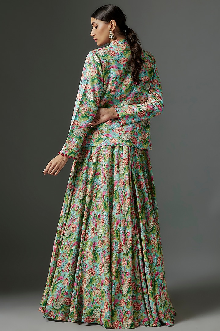 Aqua Blue Crepe Botanical Printed Flowy Skirt Set by Aneesh Agarwaal PRET at Pernia's Pop Up Shop
