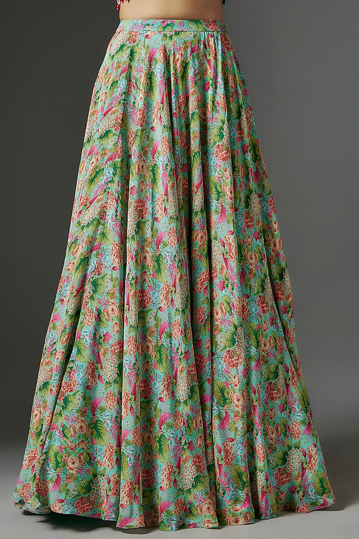 Aqua Blue Crepe Botanical Printed Flowy Skirt Set by Aneesh Agarwaal PRET at Pernia's Pop Up Shop