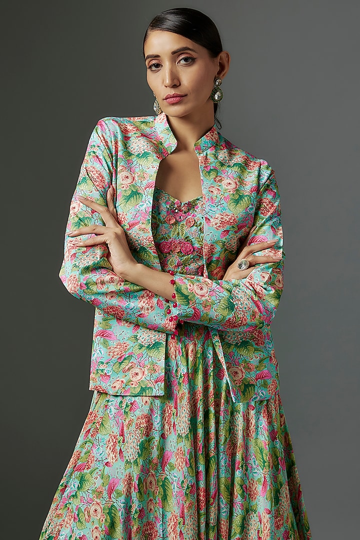 Aqua Blue Crepe Botanical Printed Flowy Skirt Set by Aneesh Agarwaal PRET at Pernia's Pop Up Shop