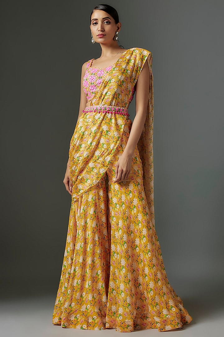 Yellow Crepe Floral Printed Pre-Draped Sharara Saree Set by Aneesh Agarwaal PRET