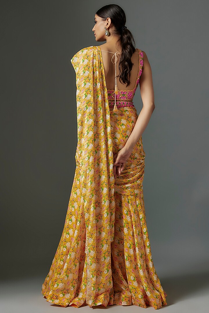Yellow Crepe Floral Printed Pre-Draped Sharara Wedding Saree Set by Aneesh Agarwaal PRET at Pernia's Pop Up Shop