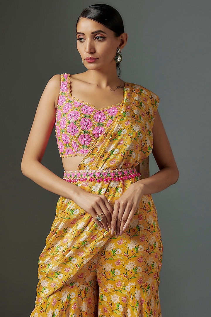 Yellow Crepe Floral Printed Pre-Draped Sharara Wedding Saree Set by Aneesh Agarwaal PRET at Pernia's Pop Up Shop