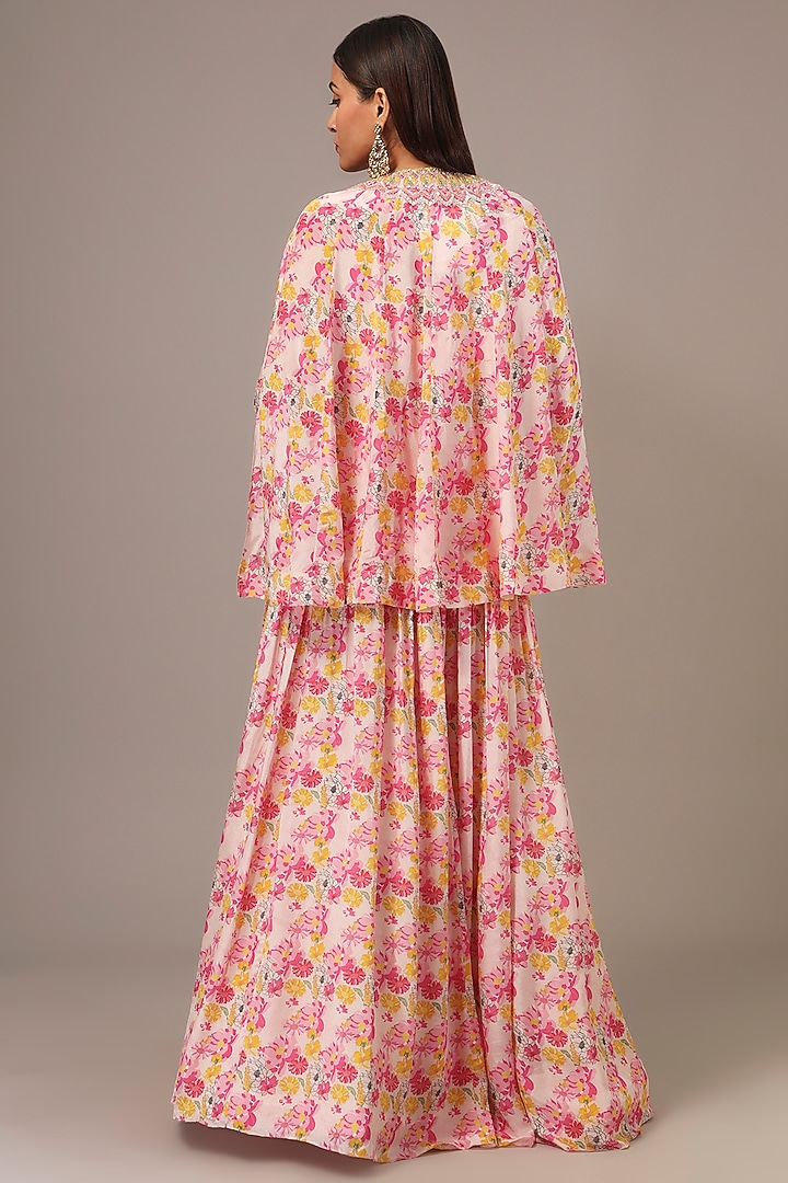 Beige Crepe Printed & Sequins Embroidered Flared Cape Set by Aneesh Agarwaal PRET at Pernia's Pop Up Shop