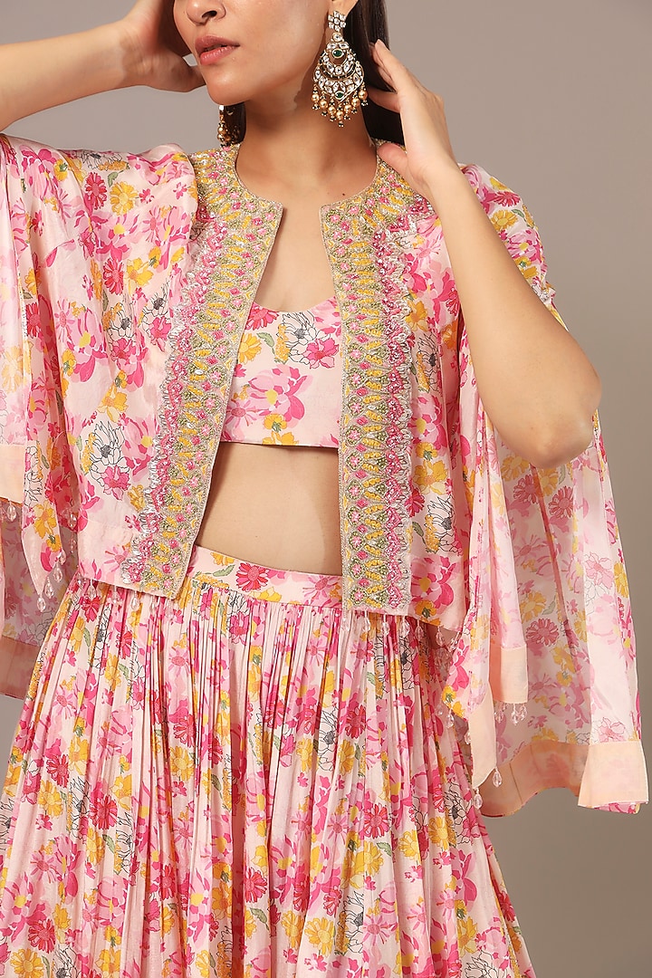 Beige Crepe Printed & Sequins Embroidered Flared Cape Set by Aneesh Agarwaal PRET at Pernia's Pop Up Shop
