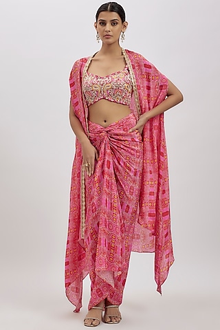 Pink Crepe Cape Set by Aneesh Agarwaal PRET