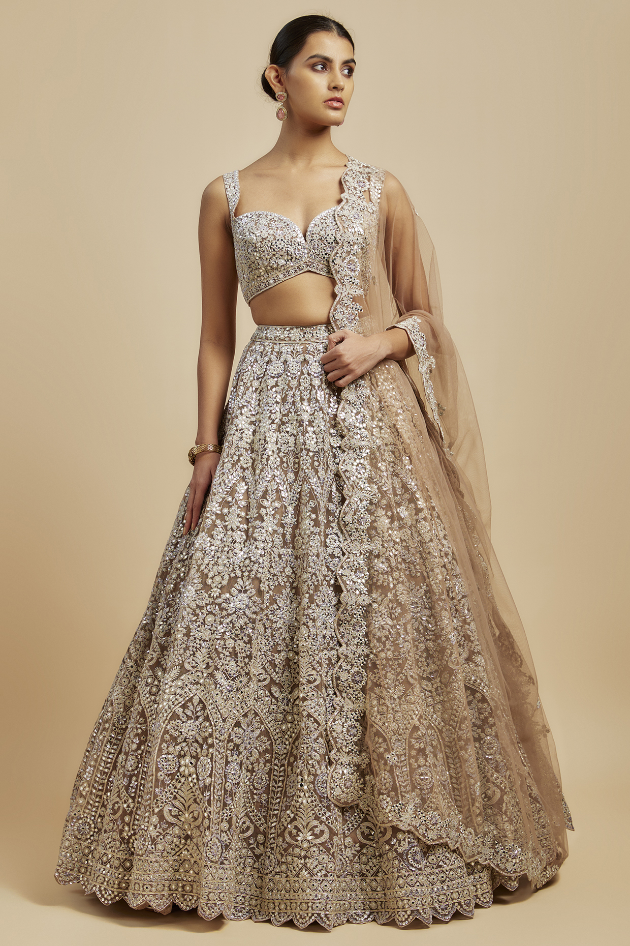 Taupe Net Mirror Embroidered Lehenga Set by Aneesh Agarwaal