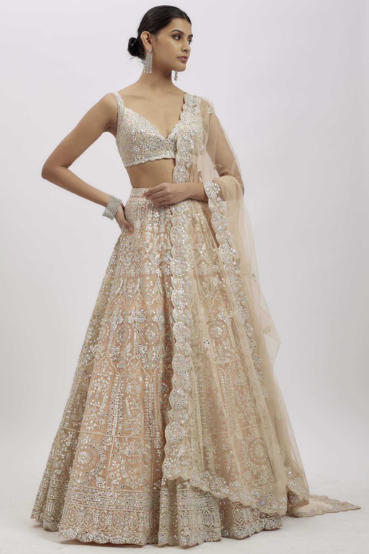 Peach-Silver Net Bridal Lehenga Set by Aneesh Agarwaal at Pernia's Pop Up Shop
