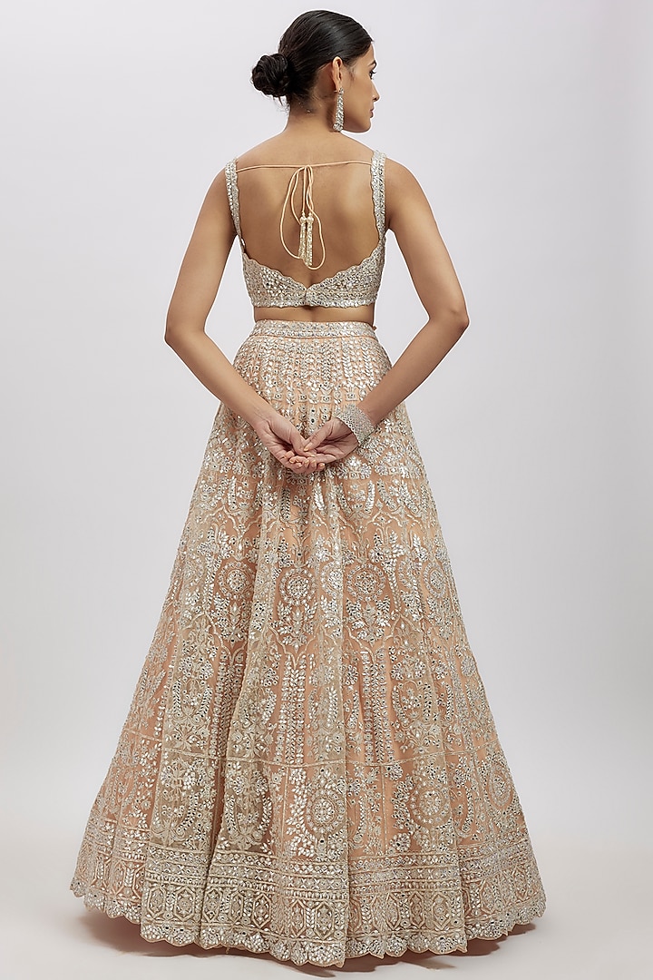 Peach-Silver Net Bridal Lehenga Set by Aneesh Agarwaal at Pernia's Pop Up Shop