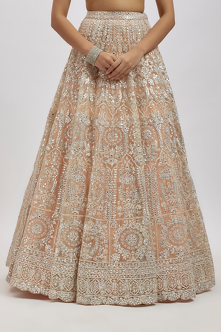 Peach-Silver Net Bridal Lehenga Set by Aneesh Agarwaal at Pernia's Pop Up Shop