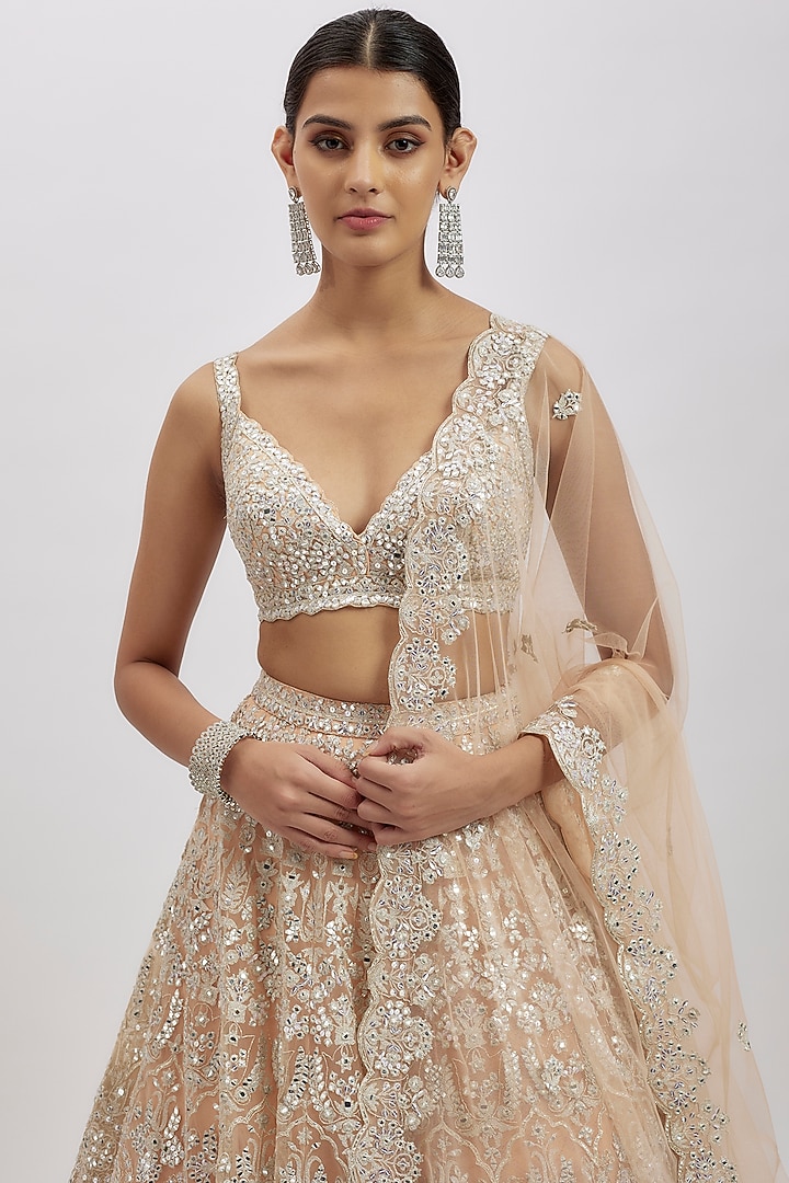 Peach-Silver Net Bridal Lehenga Set by Aneesh Agarwaal at Pernia's Pop Up Shop