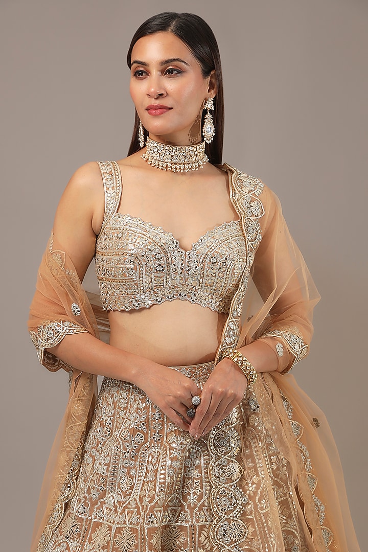 Gold Organza Mirror & Zari Embroidered Bridal Lehenga Set by Aneesh Agarwaal at Pernia's Pop Up Shop