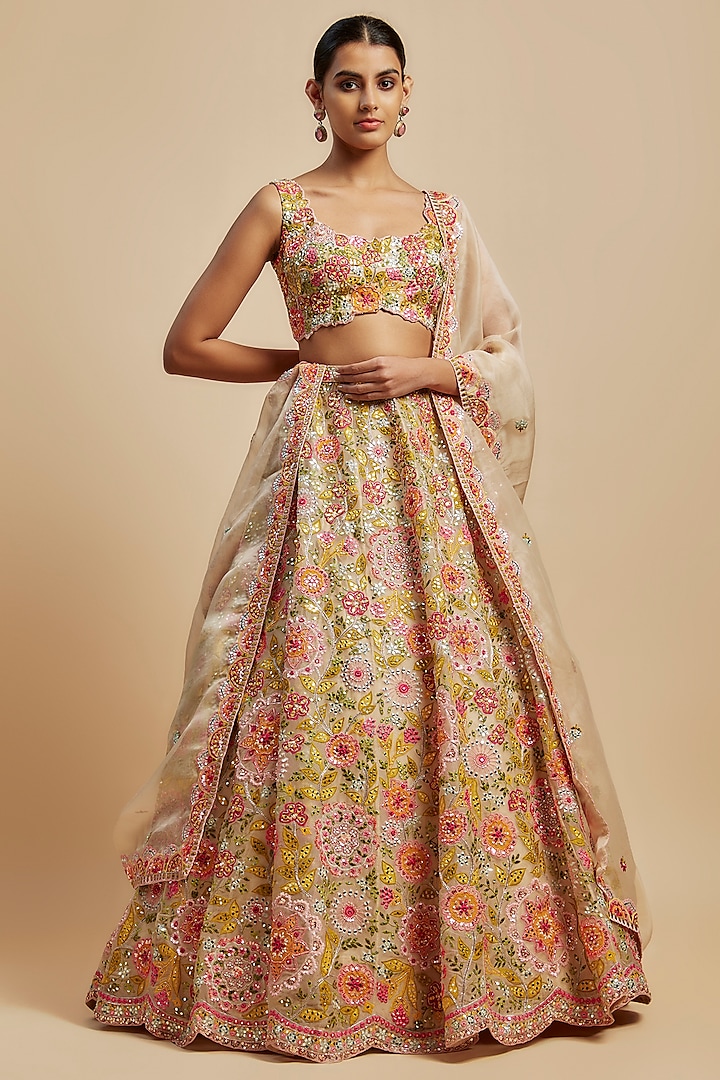 Ivory Organza Applique Embroidered Lehenga Set by Aneesh Agarwaal