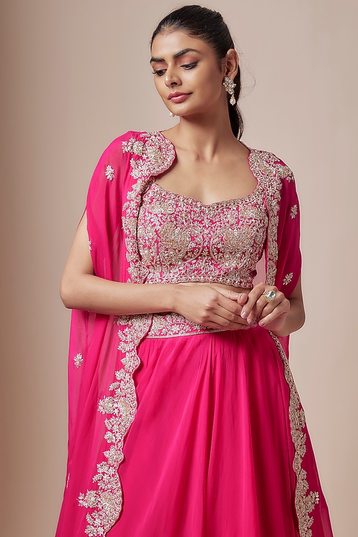 Fuchsia Organza Dabka & Floral Embroidered Cape Set by Aneesh Agarwaal at Pernia's Pop Up Shop