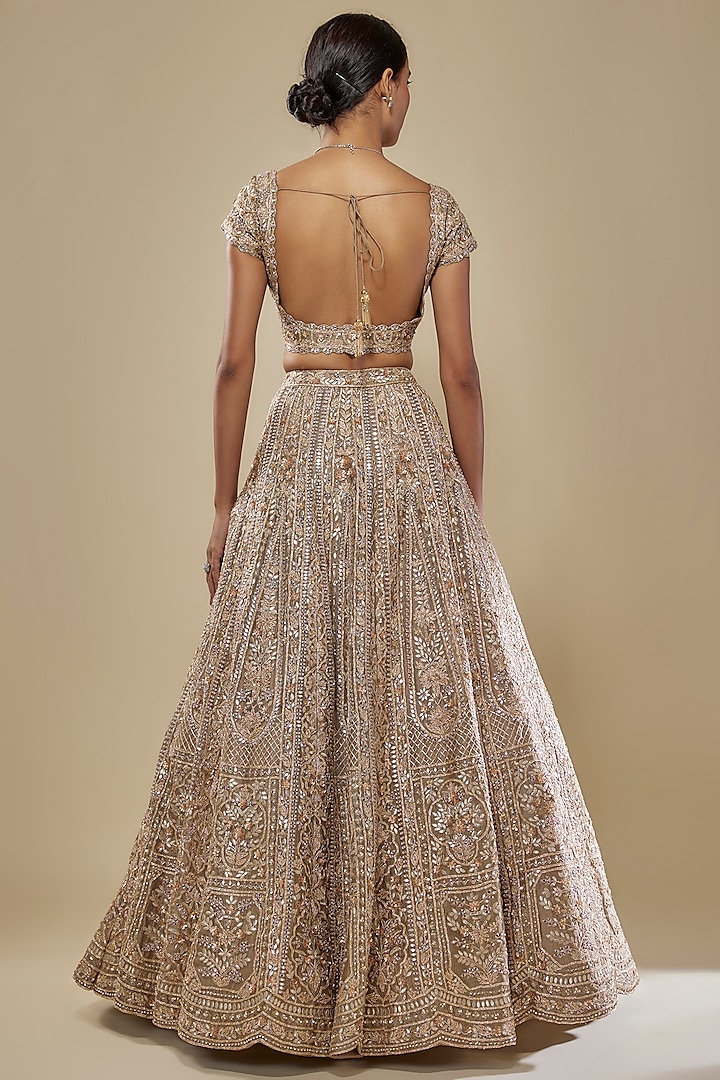 Green Silk Tissue Embroidered Bridal Lehenga Set by Aneesh Agarwaal at Pernia's Pop Up Shop