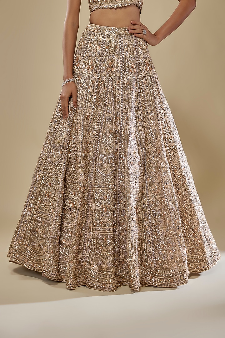 Green Silk Tissue Embroidered Bridal Lehenga Set by Aneesh Agarwaal at Pernia's Pop Up Shop