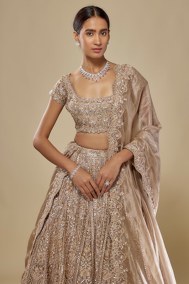 Green Silk Tissue Embroidered Bridal Lehenga Set by Aneesh Agarwaal at Pernia's Pop Up Shop