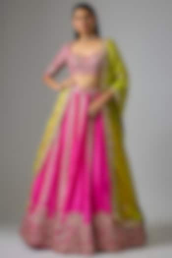 Rani Pink Silk Embroidered Bridal Lehenga Set by Aneesh Agarwaal at Pernia's Pop Up Shop