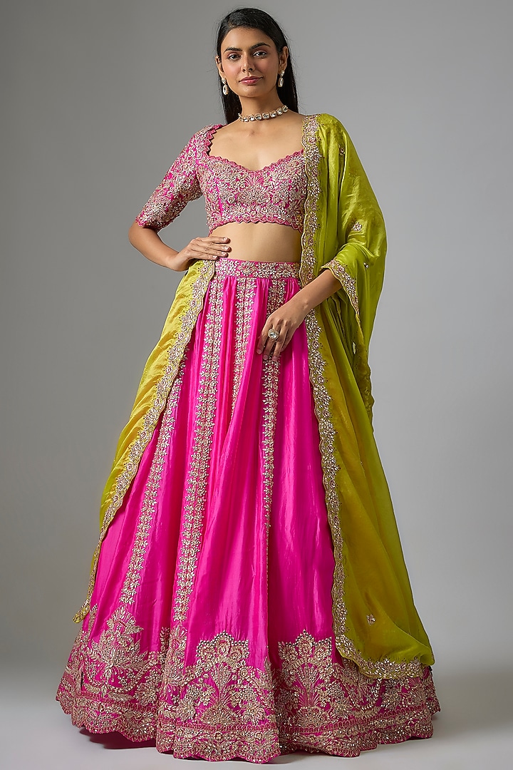 Rani Pink Silk Embroidered Bridal Lehenga Set by Aneesh Agarwaal at Pernia's Pop Up Shop