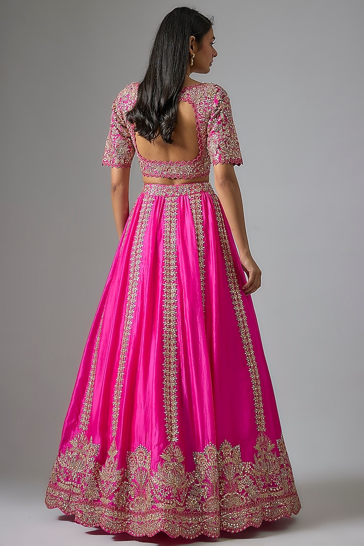 Rani Pink Silk Embroidered Bridal Lehenga Set by Aneesh Agarwaal at Pernia's Pop Up Shop